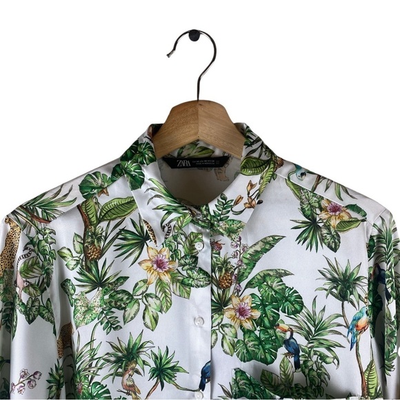 Zara White Green Jungle Print Blouse Safari Palm Leaf Size XS - Picture 8 of 11
